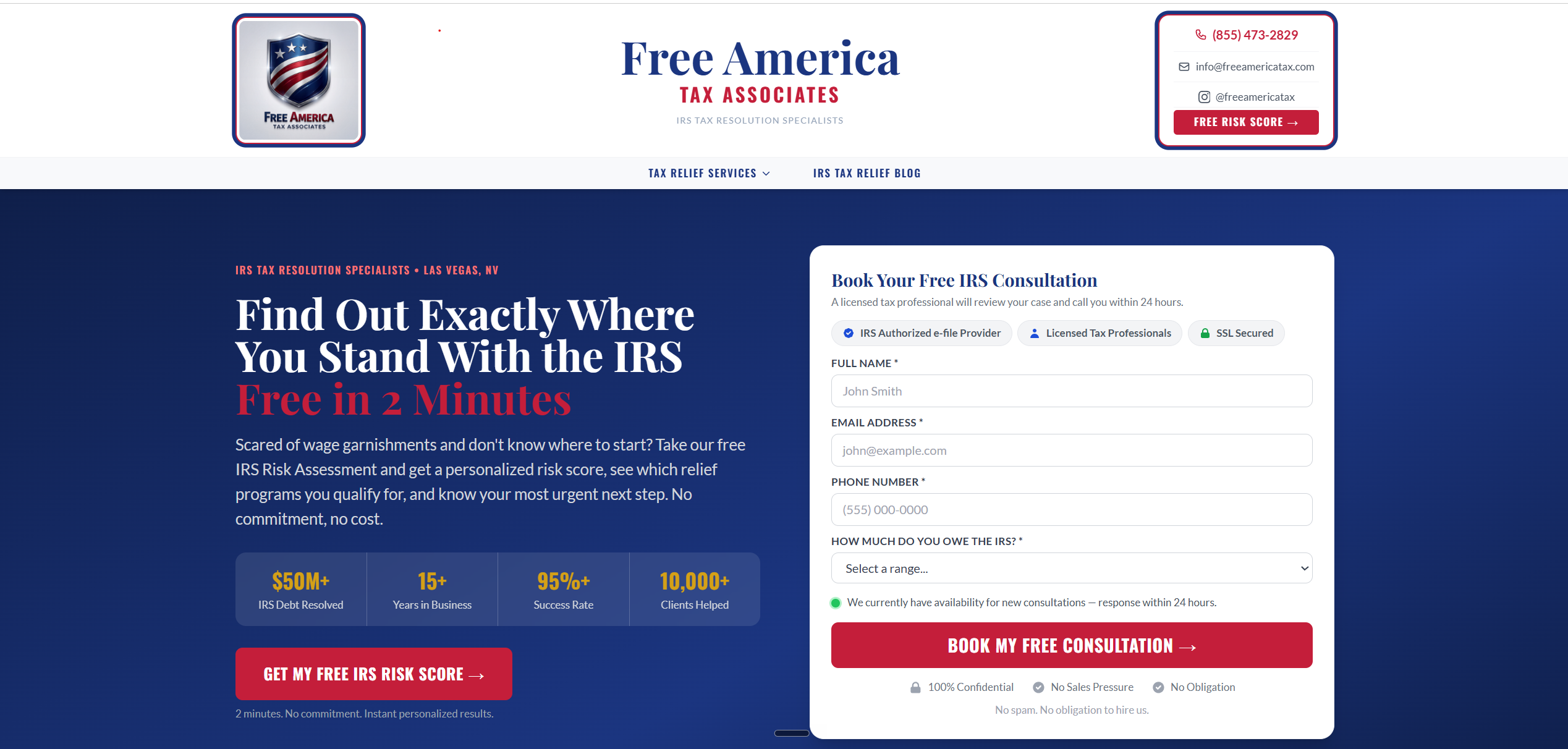Screenshot of the Free America Tax website built by Webbynd